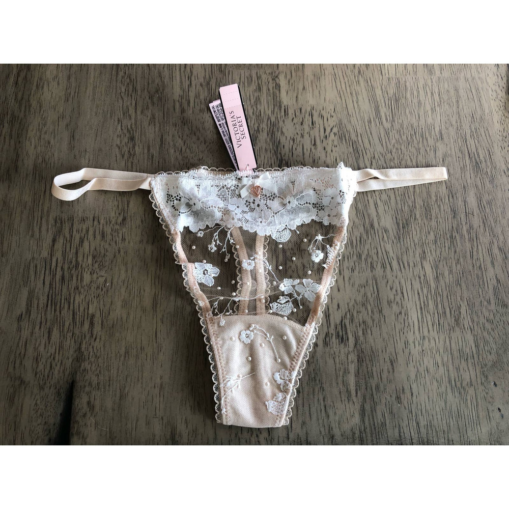 Victoria's Secret Embroidered Floral Nude and White Pearl Accented Lace Thong XL